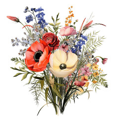 Assorted Wildflower Bouquet Illustration with Vivid Colors on Transparent Background