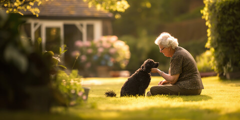 A tender moment between an elderly woman and her dog in a sunlit garden