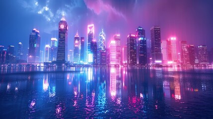 Fototapeta na wymiar A cyberpunk-themed cityscape with neon reflections and a sci-fi atmosphere, perfect for background settings in fantasy and futuristic themes.