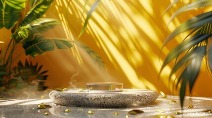 A beautifully sunlit tropical scene featuring a stone podium for product presentations, surrounded by lush palm leaves creating a vibrant and exotic background.