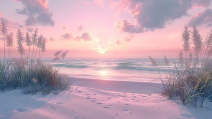 A peaceful pastel beach sunset with gentle waves, creating a serene and tranquil background, ideal for relaxation and contemplative themes. - obrazy, fototapety, plakaty