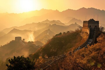 Great Wall of China, A panoramic view of the Great Wall of China during the golden hour, Ai...