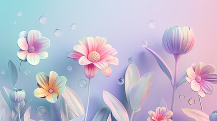 Pastel flowers and bubbles on a soft blue background, conveying a dreamy underwater aesthetic.