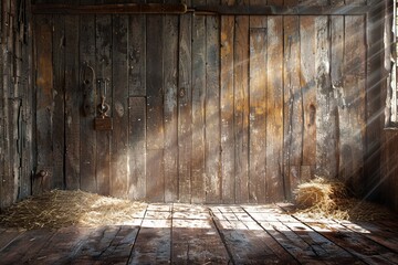 interior of an old wooden barn with sunlight filtering through the gaps, creating dramatic patterns on the floor, as well as hay bales that add rustic character.