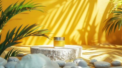 Fototapeta na wymiar A bright yellow podium surrounded by white pebbles, decorated with tropical foliage, captures the essence of a warm and inviting product presentation.