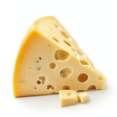 Close-up of a Swiss cheese wedge, showcasing its vibrant yellow color and iconic holes, perfect for culinary themes.