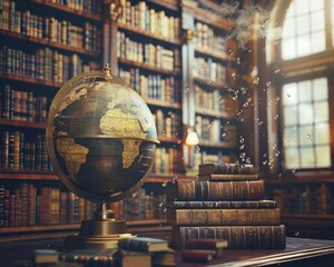 The atmosphere of a vintage library with ancient glowing globes and antique books, gives a feel of adventure and classic knowledge. - obrazy, fototapety, plakaty