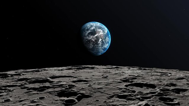 A 3D View of Moon Limb, with Earth on the Horizon. View of Earth from moon