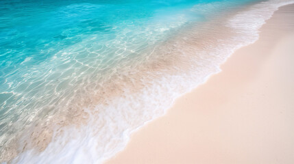 A serene beach with clear turquoise waters gently lapping onto a soft sandy shore under a clear sky.