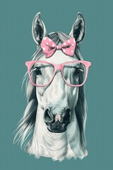 Illustration of a white horse sporting pink glasses and a polka dot bow. concept of quirky animal art and playful fashion - 780749627