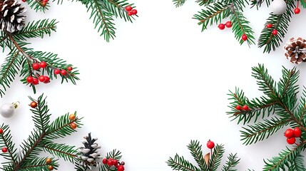 Naklejka na ściany i meble Festive frame with winter decorations / Season's Greetings: Festive Winter Frame with Natural Decor