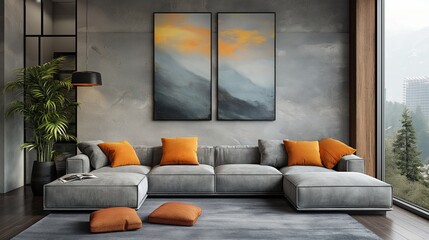modern interior design of the living room with big posters on a wall
