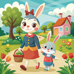 Obraz na płótnie Canvas a-cute-cartoon-little-rabbit-in-a-dress-with-her-l