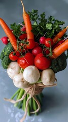 Colorful Fresh Vegetable Bouquet with Radishes, Carrots, and Tomatoes on a Grey Surface