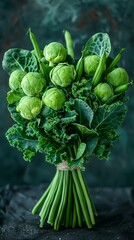 Aesthetic Green Bundle of Brussels Sprouts and Curly Kale on Dark Background