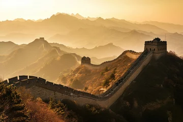 Poster Great Wall of China, A panoramic view of the Great Wall of China during the golden hour, Ai generated © Tanu