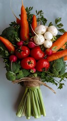 Artistic Arrangement of Fresh Vegetables Wrapped with Twine, Featuring Carrots and Cauliflower