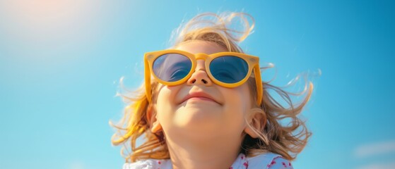 Close-up of a child's smiling face wearing yellow sunglasses, the sky reflecting in the glasses.