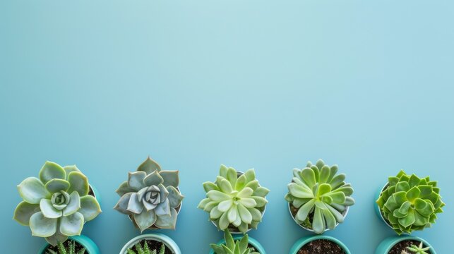 Row of Small Succulents on Blue Background