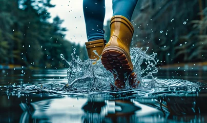 Foto op Aluminium close up yellow rubber boots splashing in flooded water seen from below wallpaper © Deea Journey 