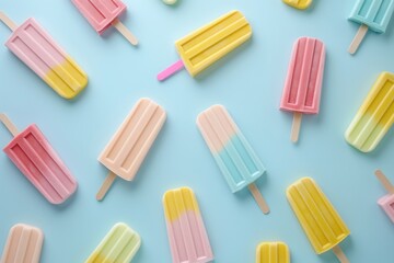An assortment of pastel-colored popsicles laid out in rows on a light blue background.