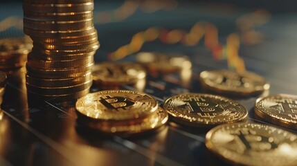 Realistic 4K shot of coins increasing on a financial graph, tracking business growth, close-up view - obrazy, fototapety, plakaty