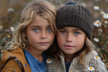 Obraz premium Two siblings with striking blue eyes standing among daisies, conveying a sense of nature and serenity