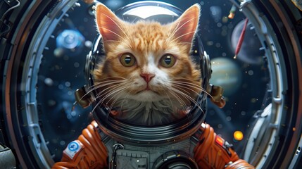 AI-designed cat astronaut in space gear, a whimsical creation captured in vivid 4K detail - obrazy, fototapety, plakaty