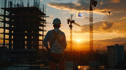 Construction progress checked by worker in white hat as day ends, achievements in focus, sharp 4K