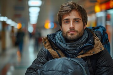 Obraz premium A young traveler with a backpack stands at the airport with a focused expression and casual attire