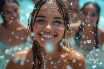 Obraz premium Close-up of a girl smiling in the water with droplets on her face, showcasing the joy of summertime swimming