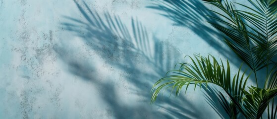 Tropical palm leaves over a blue gradient background.