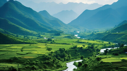 Fototapeta premium areal view of landscape with river and mountains.