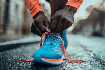 Close-up shot of a runner tying their shoelaces. ai generated - obrazy, fototapety, plakaty
