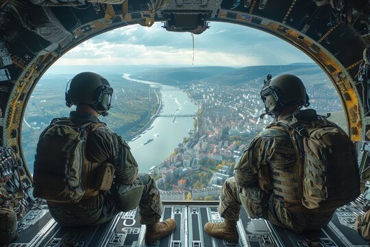 Two military operatives in full gear look out from an aircraft over a winding river and urban landscape, signaling readiness and surveillance