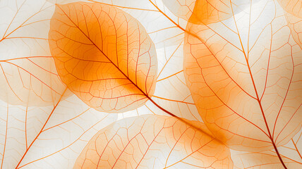 Background of leaves in x-rays with veins close-up. Autumn leaf texture. Top view, flat lay.