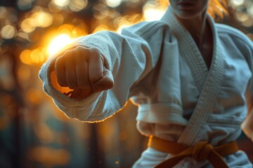 The image captures a female karate practitioner's fist as she executes a forceful strike, showcasing her gi and yellow belt