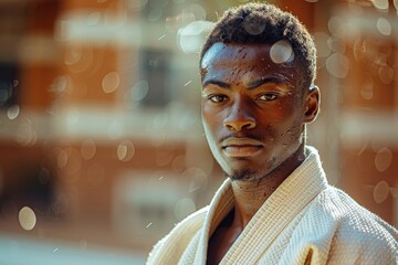 Close-up of a focused male athlete with sweat beads on his face, wearing a white gi