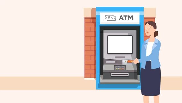 Using ATM machine to withdraw money on city street. ATM concept. Person typing personal pin code in ATM cash machine. Woman withdraw money in atm machine. Video