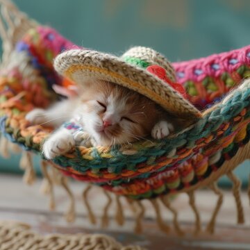 Sleeping Kitten in Hammock with Sombrero
