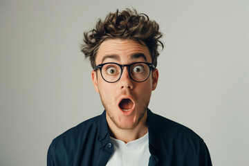 surprised man with glasses on a white background, a shocked man with glasses on a white background