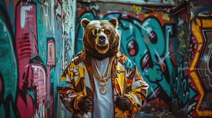 Photograph of a grizzly bear as a hip hop on graffiti street background. - obrazy, fototapety, plakaty