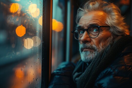 Older Man With A Beard And Glasses Looking Out From A City Bus With A Thoughtful Expression