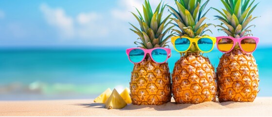 Pineapples with sunglasses on a sandy beach.