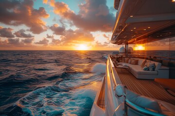 Majestic view of a luxury yacht sailing on the ocean towards the sunset, embodying adventure and...