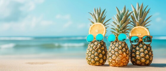 Pineapples with sunglasses on a sandy beach.