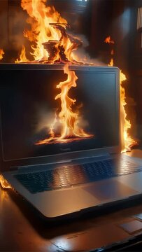 A conceptual image of a laptop in flames, depicting a catastrophic technical failure or security breach.
