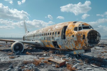 A weather-beaten plane wreck lies forsaken in a barren landscape, symbolizing the passage of time and forgotten stories
