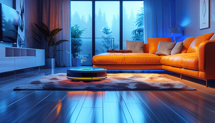 A living room with a large orange couch and a robot vacuum cleaner by AI generated image