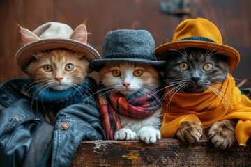 Three adorable cats dressed in stylish winter hats and warm jackets posing with playful human-like expressions